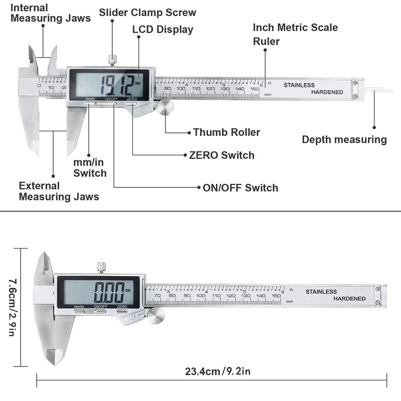 Digital Caliper, 0-150mm / 0-6" Metric Inch Conversion Depth Gauge
