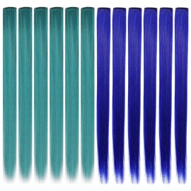 SHKJCHP Coloured Hair Extensions Clip-In for Girls 21 Inch Colourful Straight Hair Extensions for Party Highlights Hair Accessories Hairpieces for Women 12PSC (Blue, Dark Turquoise)