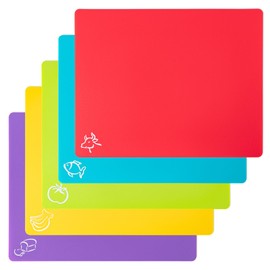 5 Pieces Flexible Plastic Cutting Board Mats with Food Icons, BPA Free Cutting Boards for Kitchen, Non Slip Cutting Mat for Meat and Vegetables (Red, Bright Yellow, Light Green, Purple, Lake Blue)