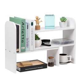 VERGOODR Desktop Adjustable Natural Wood Book Shelf Organizer Office Storage Rack Display Stand Caddy Set Expandable Desk Organizer (white)