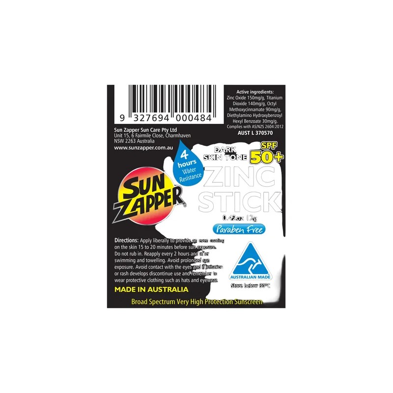 Sun Zapper Zinc Stick Dark Skin Tone Spf 50+ 12g