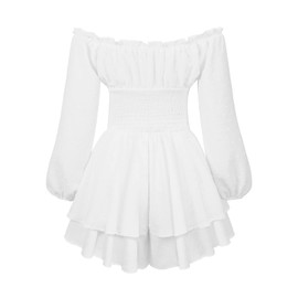 NVRENJIA Women Ruffle Romper Off Shoulder Puff Sleeve Flowy Layered A-Line Fairy Pirate Dressy Short Jumpsuit (White, Small)