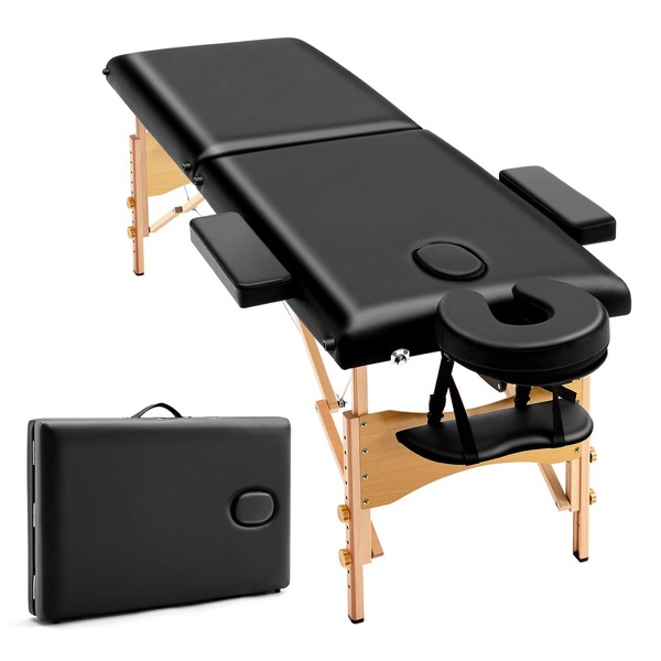 BRIEFNESS Portable Folding Massage Table, 2 Section Wooden Foldable Beauty Couch for Reiki Therapy Treatment Salon SPA Healing Headrest Armrest Support with Carry Bag