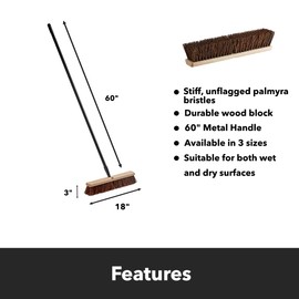 Pack of 3 Push Broom 18 Inch Outdoor Heavy Duty - Palmyra Bristles, Wood Block, 60" Metal Handle - Large Push Brooms for Sweeping Concrete, Floor, Rough Surface - Stiff Bristle Industrial Broom