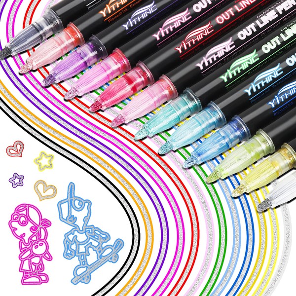 YITHINC Glitter Pens Outline Pens, Christmas Gifts for Girls, Stocking Fillers Kids, 12 Metallic Outline Markers Pens for DIY Arts and Crafts, Christmas Card Writing, Birthday Greeting, Scrap Booking