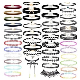 BetterJonny チョーカーネックレス 43個 クラシック ストレッチ カラフル チョーカー ブラック ベルベット ゴシック チョーカー レディース ティーン ガールズ タトゥーチョーカー, 樹脂