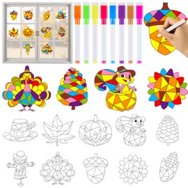 Qyeahkj 30 Set Thanksgiving Fall Arts Crafts for Kids Autumn Pumpkin Window Suncatcher Craft Kit DIY Turkey Coloring Craft Window Cling Sticker with Markers Harvest Party Gift for Home Classroom Decor
