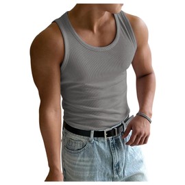 RoseSeek Men's Summer Tank Top Scoop Neck Knit Gym Workout Muscle Tank Undershirt Sleeveless Shirts Pure Deep Grey Small