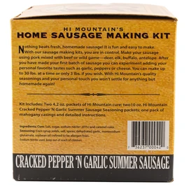 Hi Mountain Summer Sausage Seasoning Kit | CRACKED PEPPER 'N GARLIC | Includes 10 Casings, Seasoning, Cure, & Directions | Ideal for Beef, Pork, Venison, Deer & Wild Game | Makes up to 30 lbs