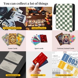 400-Card Trading Binder with 50 Removable Sleeves - Waterproof Storage for Standard Size Cards, Portable Collector Display Case (green beige Checkered）