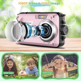 Underwater Camera Waterproof Camera 10ft 1080P Full HD 30MP Underwater Camera Children 16X Digital Zoom Anti Shake Digital Camera (Pink)