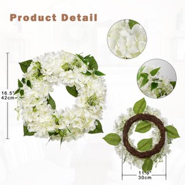 16'' Artificial Hydrangea Wreath White Fake Flower Wreath, Faux Hydrangeas for Front Door, Floral Wreath for Mantel, Kitchen, Farmhouse, Wall Decor