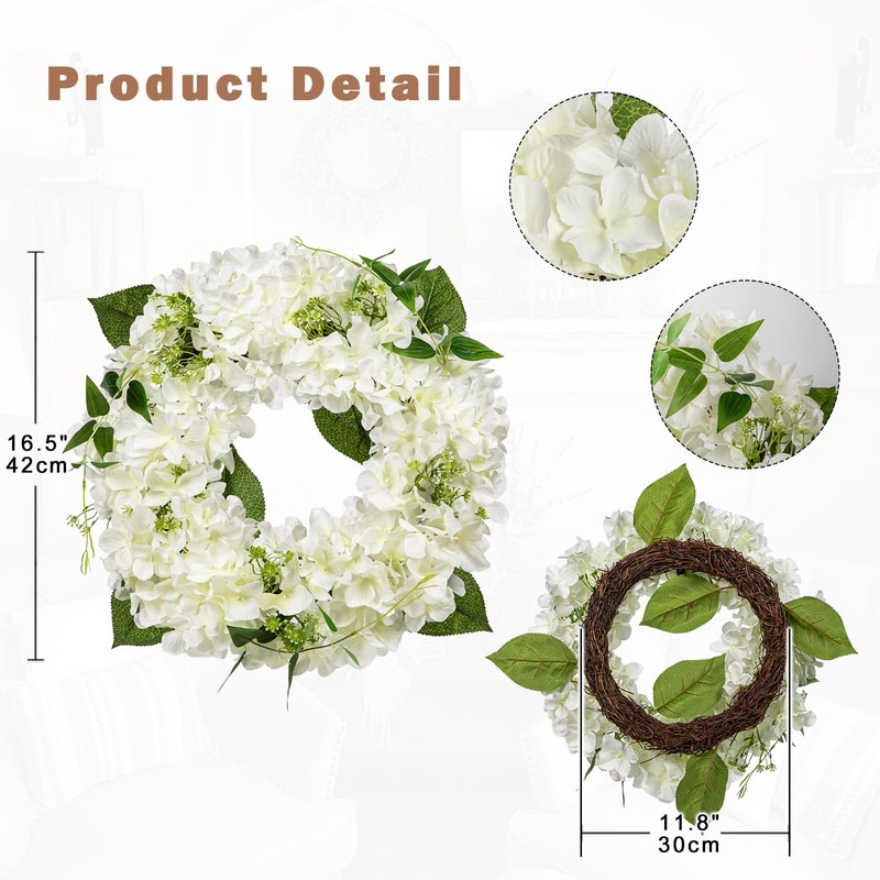 16'' Artificial Hydrangea Wreath White Fake Flower Wreath, Faux Hydrangeas
