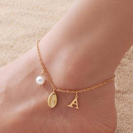 QILMILY Gold Ankle Bracelet for Women, 14K Gold Plated Waterproof Seashell Initial Anklets, Summer Jewelry Gifts for Women