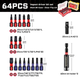 Geinxurn 64Pieces Impact Screwdriver Bits Set, S2 Steel Magnetic Phillips/Security Torx/Torx Muliti Insert Bits Tips Set with Impact Bit Holder and 1/4”Socket Adapter(Storage Box Case)