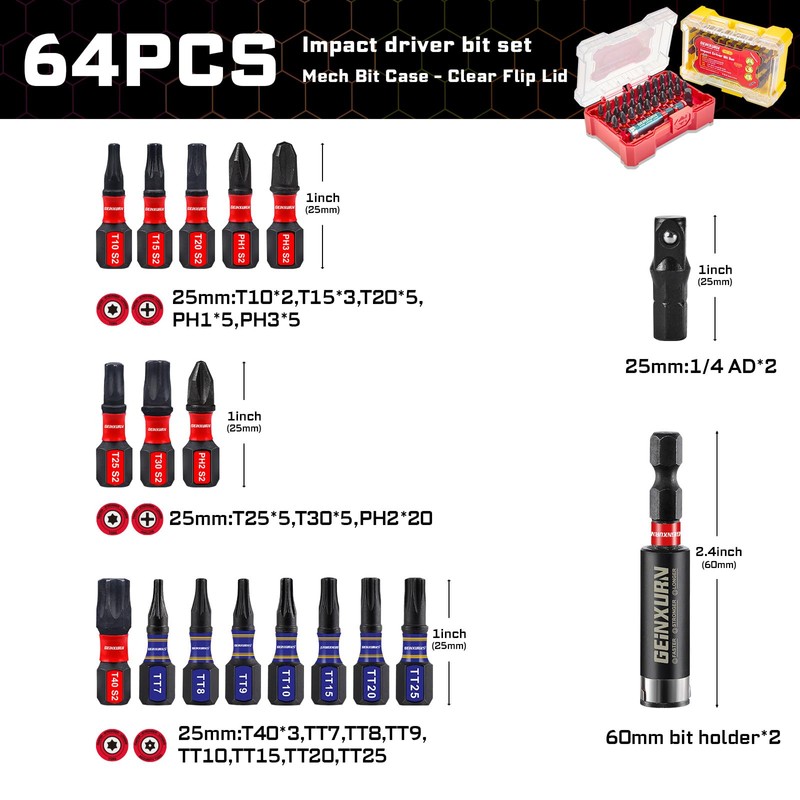 Geinxurn 64Pieces Impact Screwdriver Bits Set, S2 Steel Magnetic Phillips/Security