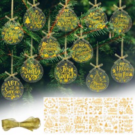 Blosssound 24 Sets Acrylic Christmas Tree Ornaments DIY Christmas Craft Kits Acrylic Xmas Ball Hanging Decorations with Stickers Gold Ribbons for Classroom Activities Winter Holiday Party Favors