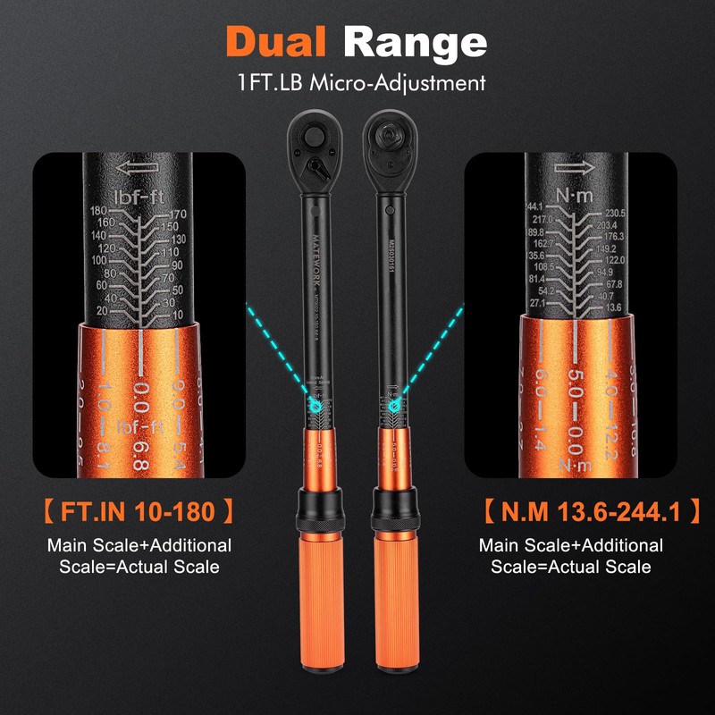 1/2-Inch Drive Torque Wrench Set 22PCS, 10-180FT.LB/13.6-244.1Nm, Click Torque Wrench