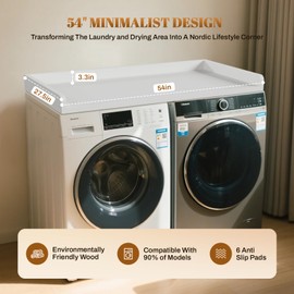 GCCSJ Washer Dryer Countertop, 54" Width x 27.5" Depth Wood Shelf Topper with Edge & Non-Slip Pads for Laundry Room Organization Storage & Clothes Folding, White