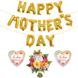 Happy Mothers Day Balloons Banner - Gold Mother's Day Balloons Flower Balloon and Heart Balloon for Mothers Day Decorations Supplies