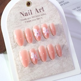 Press On Nails, Summer Flower Fake Nails, Cute Design Floral Stick On Nails, Short Square Almond Ballet Shape Glue on Nails on 24PCS (Almond Nude Flower)