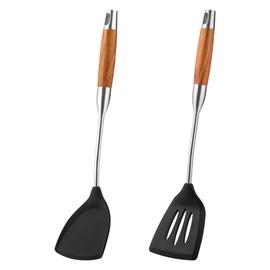 FJNATINH Solid & Slotted Silicone Spatulas Set, Non Stick Turners, Stainless Steel Coated with Silicone Cooking Utensils Set with Wooden Handle, Heat Resistant Spatulas for Fish, Eggs, Pancakes,2PCS