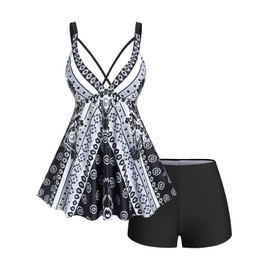 ROSE GAL Traje de baño tankini para mujer, talla grande, con pantalones cortos, curvos, dos piezas, negro_7, L Más