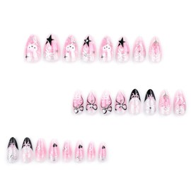 Bow Press on Nails Medium Almond False Nails with Pearl Tulip Charm Design Black French Tips Fake Nails Ombre Pink Glue on Nails Glossy Summer Lace Glitter Stick on Nails for Women Manicure 24Pcs