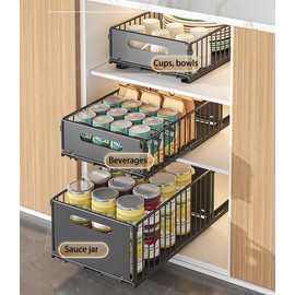 YunNasi Pull Out Cabinet Organizer Slide Out Drawer Storage Shelves Cupboard Organiser Sliding Cabinet Basket for Kitchen No Drilling and Nailing (Black, 2Piece 9.8" W X 15" D X 3.9" H)