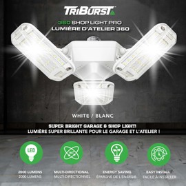 TRIBURST Shoplight 2000 Lumens | Super Bright LED Light with 3 Adjustable Panels | Covers 2000 Sq Ft | 6500K Color Temp | Easy Install | Energy Saving | Multi-Directional for Garage, Basement or Attic