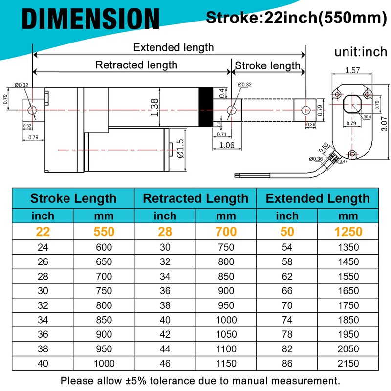JQDML 22 Inch High Speed 1.34"/sec Linear Actuator 12V 88lbs/400N