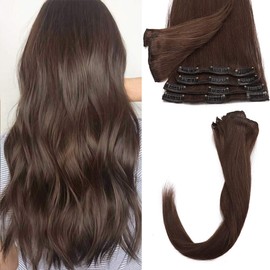8 PCS Clip in Hair Extension #04 Medium Brown Real Remy Hair Extensions 18 inches-70 grams Basic Thickness
