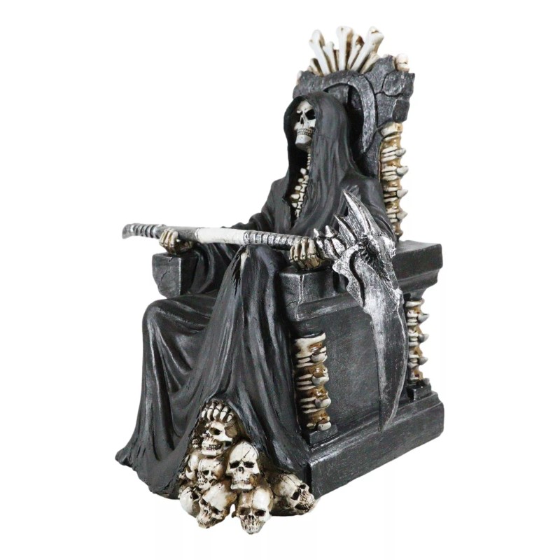 Black Holy Death Grim Reaper Sitting On Skeleton Skull Throne