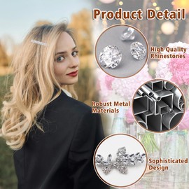 6PCS Rhinestone Hair Clips for Women, Flower Rhinestone Hair Clip, Wedding Elegant Rhinestone Barrettes for Women, Crystal Leaf Hair Accessories (Silver)