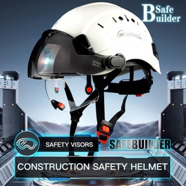 SAFEBUILDER Safety Helmet Hard Hat with Visor Clear & Tinted Adjustable Vented ABS Work Helmet 6-Point Suspension ANSI Z89.1 Approved for Industrial (White Hat with Clear & Tinted Visor)