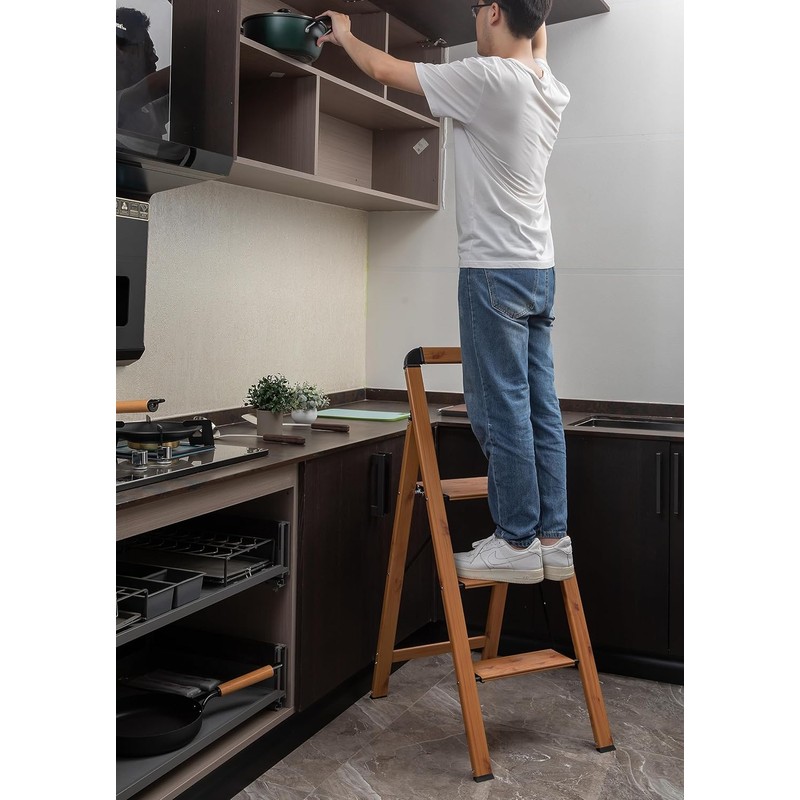 Step Ladder 3-Step Woodgrain Finish Aluminum Folding Step Ladders Wide