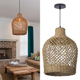 Arturesthome Rattan Pendant Light Woven Chandelier Handwoven Boho Coastal Pendant Lighting Rattan Basket Ceiling Hanging Light for Dining Room Living Room D 11.8″* 15.7″