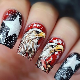 Independence Day Press On Nails Short Square Fake Nails With Eagle Star Design Nails Press Ons Stick On Nails Full Cover 4th Of July Acrylic Glue On Nails Glossy False Nails For Women Girls