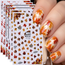 Fall Nail Art Stickers Fallen Leaves Nail Art Decals 6Sheets 3D Self-Adhesive with Flowers Deer Tree Maple Leaves Designs Stickers Autumn Red Yellow Nail Decals DIY Manicure Supplies for Women Girls