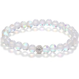 Caiyao Pulsera elástica redonda con cuentas de cristal de sirena mística colorida hecha a mano con cuentas de 8 mm mate y piedra lunar brillante con colgante de amor para mujeres y niñas, Metal, Cuenta,