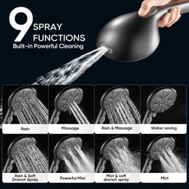 Cobbe High Pressure Shower Head with Built-in Pause Button, 9-Function Detachable Showerhead with Handheld Brass Swivel Bracket & Stainless Steel Hose, Water Saving 1-Click Stop, Black