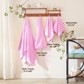 COZYART Lint Free Towel Sets 8 Pcs Pink, 500GSM, Super Soft, Absorbent & Quick Dry Microfiber 3D Bubble Bathroom Daily Use Set with 2 Bath Towels, 2 Hair Towels, 2 Hand Towels, 2 Washcloths