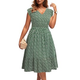 Women Plus Size Summer Floral Boho Midi Casual Rayon Bohemian Pockets Dress 2024 Ruffle Sleeves V Neck Spring Sundresses