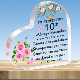 JMIMO 10th Birthday Gifts for Girls Inspirational 10th Transparent Heart Shaped Acrylic Plaque Keepsake