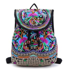 Jursccu Embroidery Backpack Purse for Women Vintage Handbag Small Drawstring Casual Travel Shoulder Bag Daypack Pink Blue Flowers