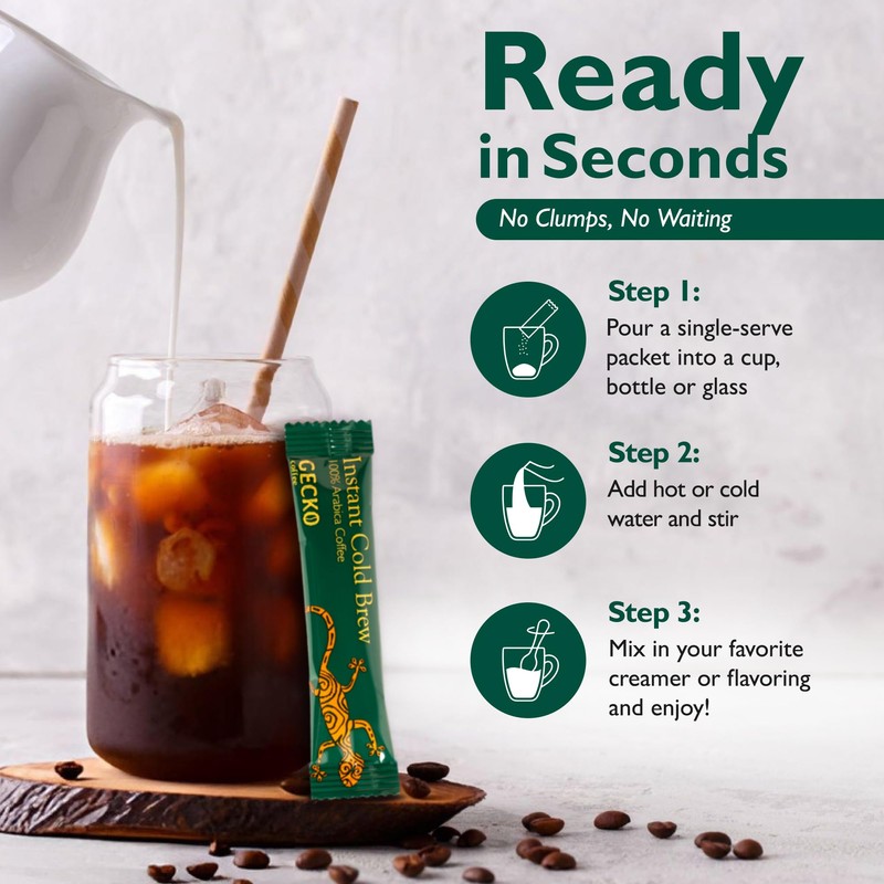 Gecko Coffee Instant Cold Brew, Craft Instant Coffee Sticks, 100%
