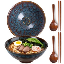 Zhonleemy Ceramic Ramen Bowl Set of 2 Large Salad Soup Ramen Serving Bowls with Spoons Chopsticks 8 Inch