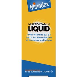 Minadex Multivitamin Liquid for Adults & Kids (Delicious Orange Flavour), 300 ml - Omega-3 & Vitamins A, B2, B3, C, D, E for Reduction of Tiredness and Fatique