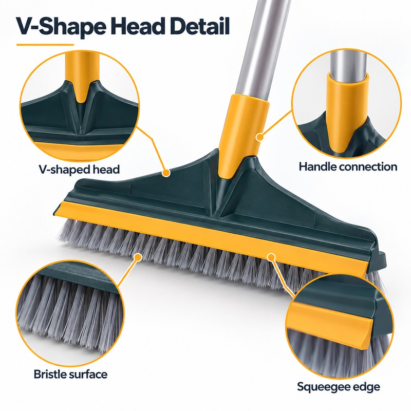 V-Shaped Floor Scrub Brush with Squeegee for Bathroom Cleaning –