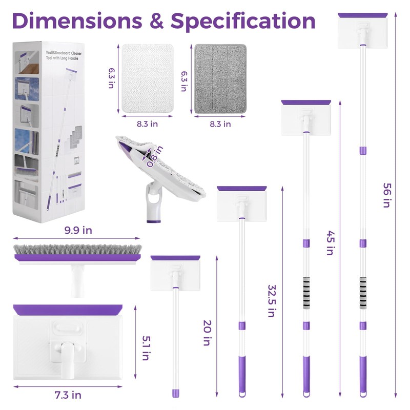 wlich Baseboard Cleaner Tool with Handle 2.0, 60" Extendable Long